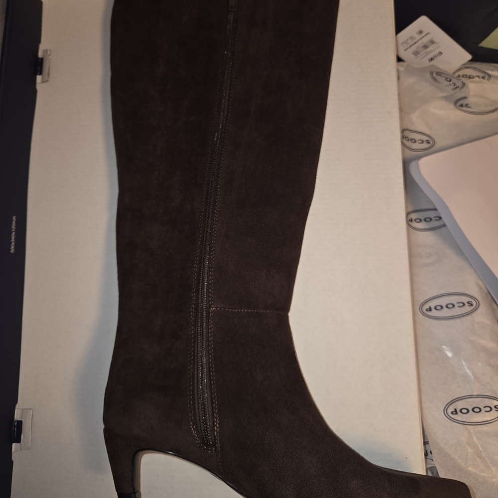 Suede Knee-High Heeled Boot in Dark Brown